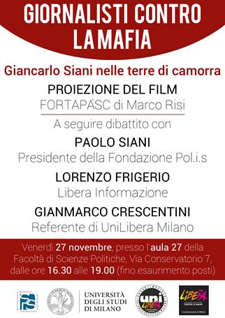 “Giancarlo Siani nelle terre di camorra”, Milano 27 novembre