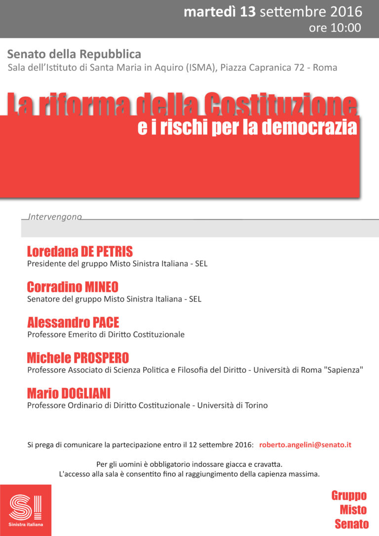 “La riforma della Costituzione e i rischi per la democrazia”. Roma, 13 settembre
