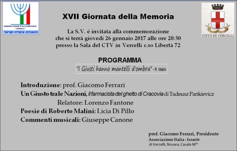Giornata della Memoria a Vercelli con un pensiero ai Giusti