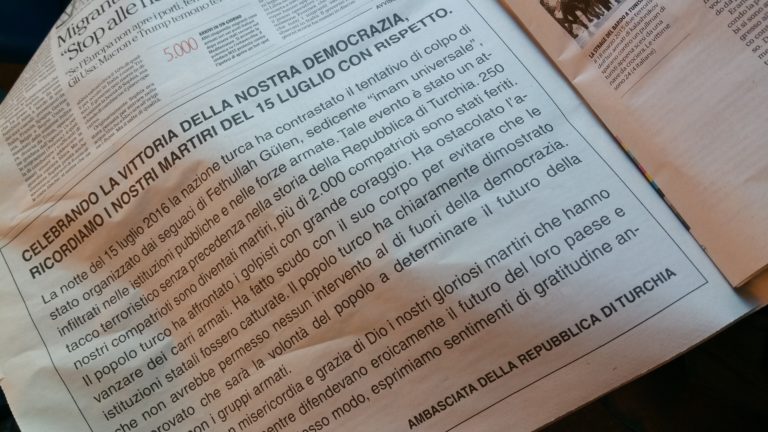 Errore grave la pubblicazione dell’Annuncio a pagamento dell’ambasciatore turco