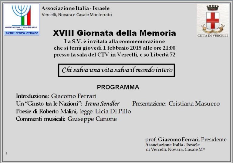 Shoah, Vercelli commemora Irena Sendler, Giusta fra le Nazioni