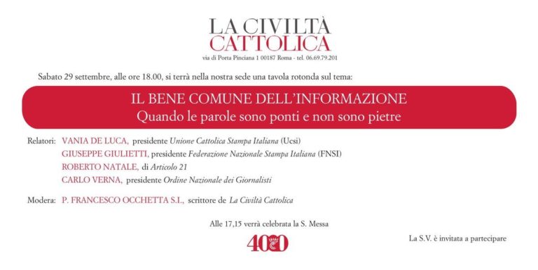 ‘Il bene comune dell’informazione’. Confronto il 29 settembre nella sede di ‘Civiltà Cattolica’
