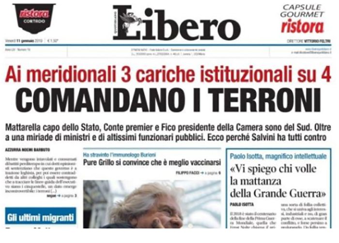 Libero titola sui ‘terroni’. Fnsi: “inaccettabile”