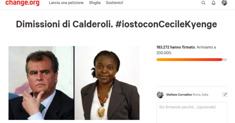 Insultò l’ex ministra Kyenge chiamandola “orango”. Calderoli condannato in primo grado. Articolo21 raccolse 183mila firme su Change.org