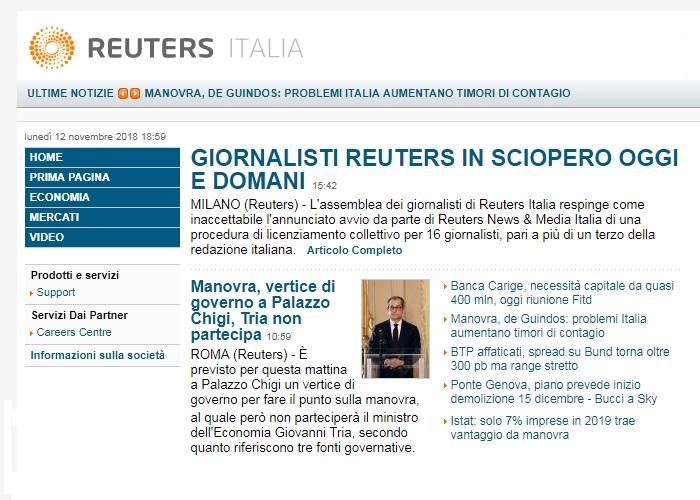 Giornalisti Reuters Italia in sciopero. Il sindacato al fianco dei colleghi