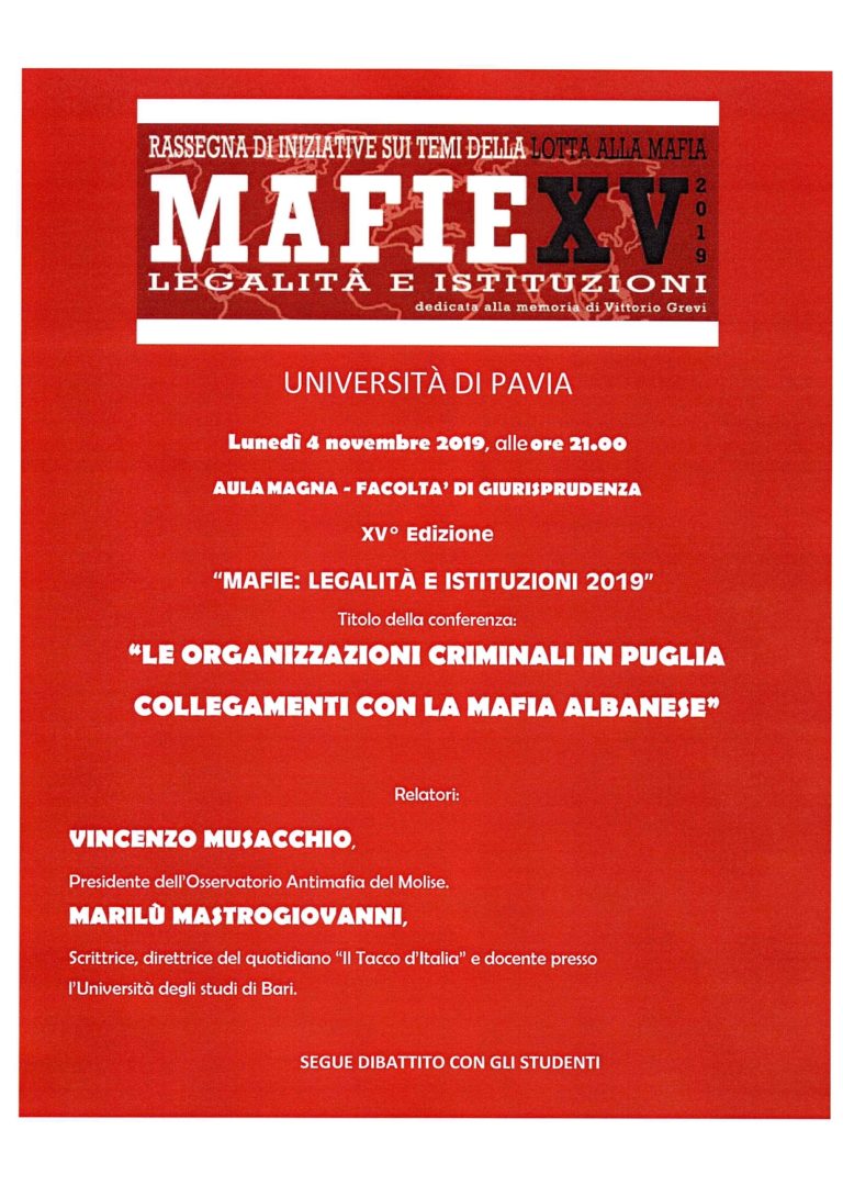 La militanza e la lotta alla mafia: all’università degli studi di Pavia, Musacchio parlerà agli studenti della mafia albanese