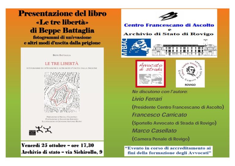 “Le tre libertà” (di Beppe Battaglia). 25 ottobre la presentazione a Rovigo