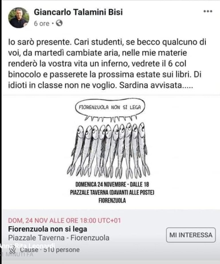 Il prof orgogliosamente “razzista” minaccia gli studenti di non partecipare alla manifestazione de le “sardine”