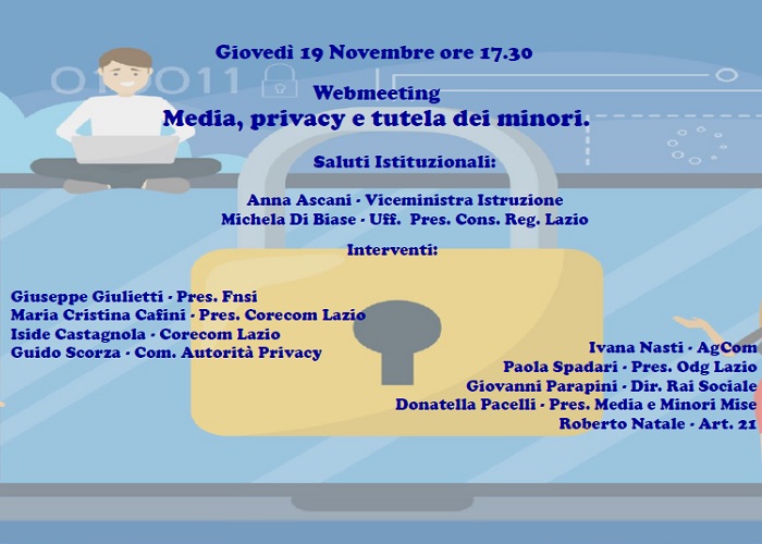 ‘Media, privacy e tutela dei minori’, il 19 novembre webmeeting del Corecom Lazio