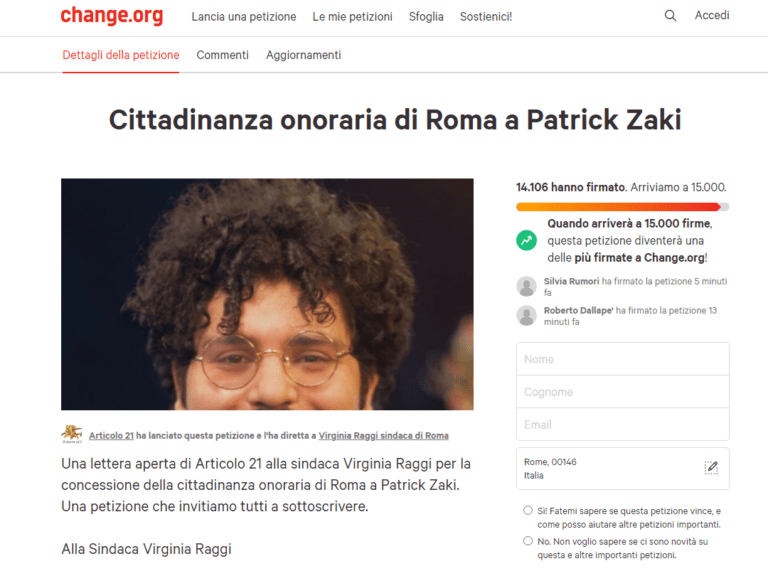 “Patrick Zaki cittadino onorario di Roma”. Sfiora le 15mila firme il nostro appello su Change.org