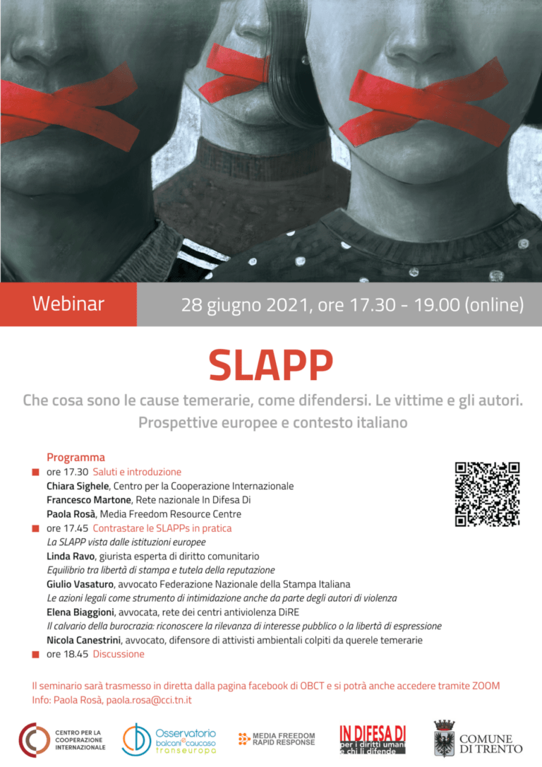 Il 28 giugno seminario sulle SLAPP, le azioni usate per zittire le voci critiche