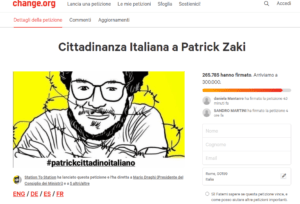 Patrick  Zaki. La petizione su Change.org per la cittadinanza italiana supera le 265mila firme