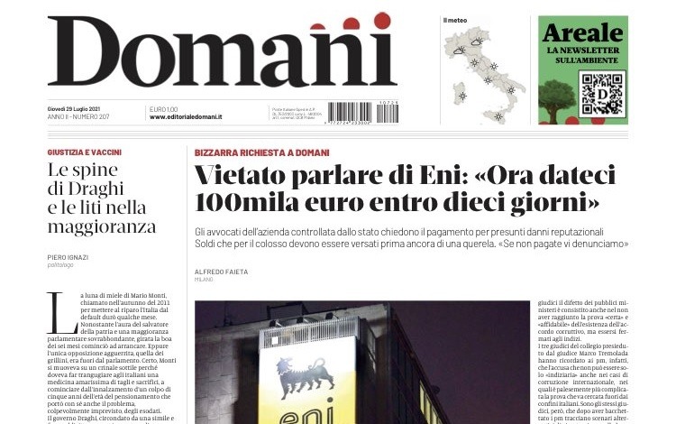 Eni chiede 100mila euro a ‘Domani’. Per la  Fnsi è “un caso esemplare di querela bavaglio”