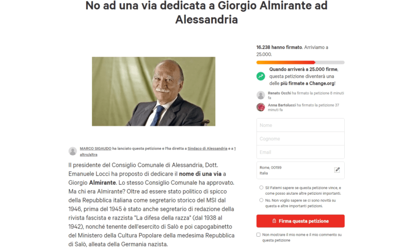 “No ad una via dedicata a Giorgio Almirante ad Alessandria”. Petizione su Change.org