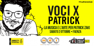 La musica e l’arte per Patrick Zaki. Il 2 ottobre al Mei di Faenza ‘voci x Patrick’