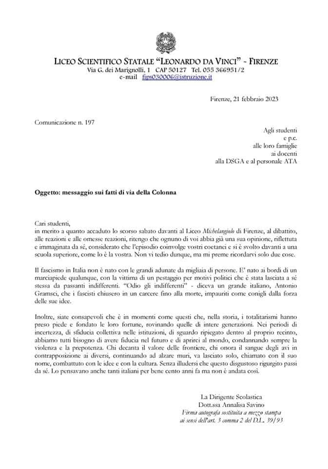 “Nell’indifferenza nasce il fascismo”, dalla lettera di una preside agli studenti di Firenze
