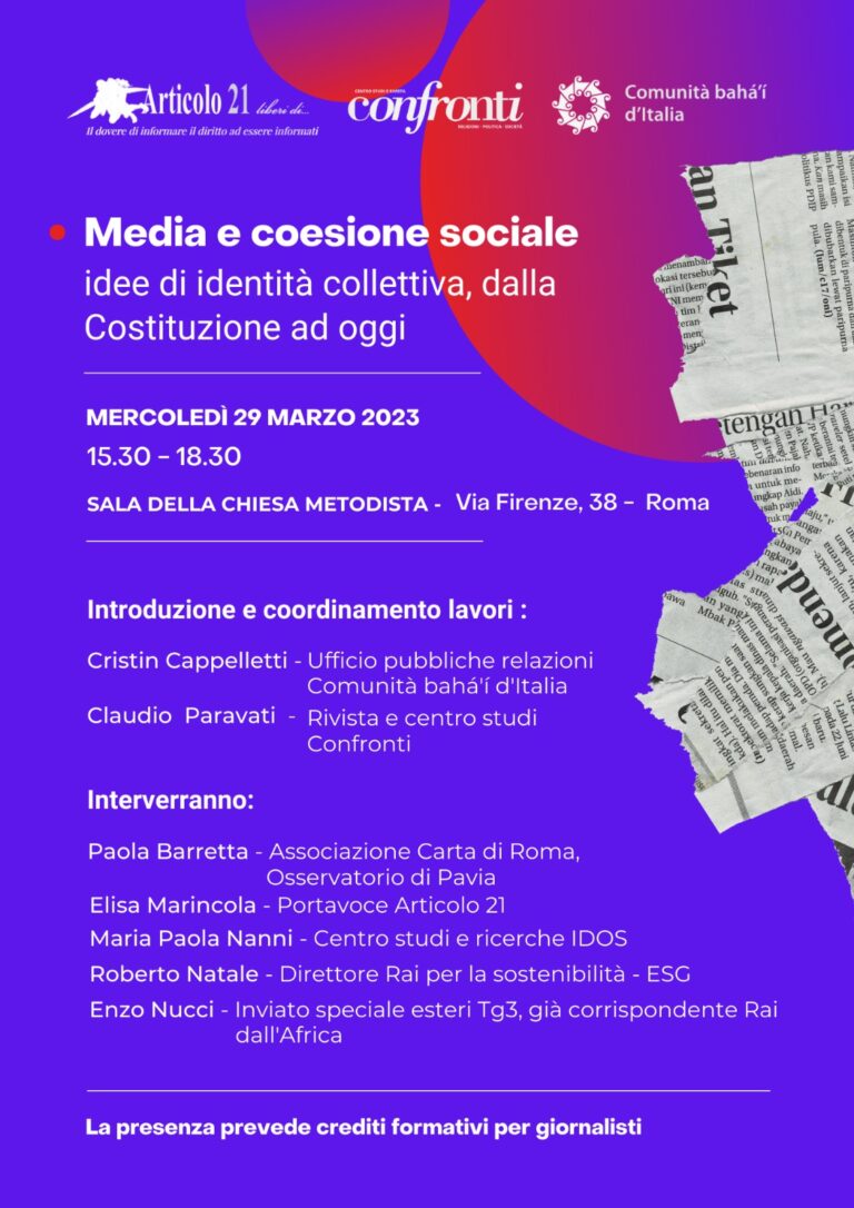 “Media e coesione sociale” se ne parla al corso di formazione del 29 marzo