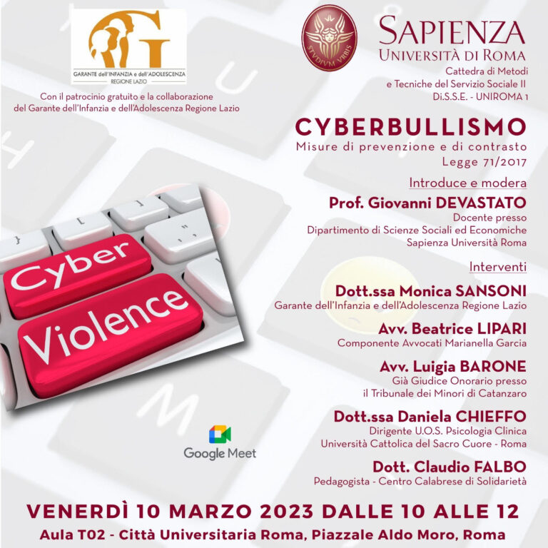 Continua presso l’Universita’ Sapienza di Roma Il ciclo di seminari sul “cyberbullismo: misure di prevenzione e di contrasto. Legge 71/2017”