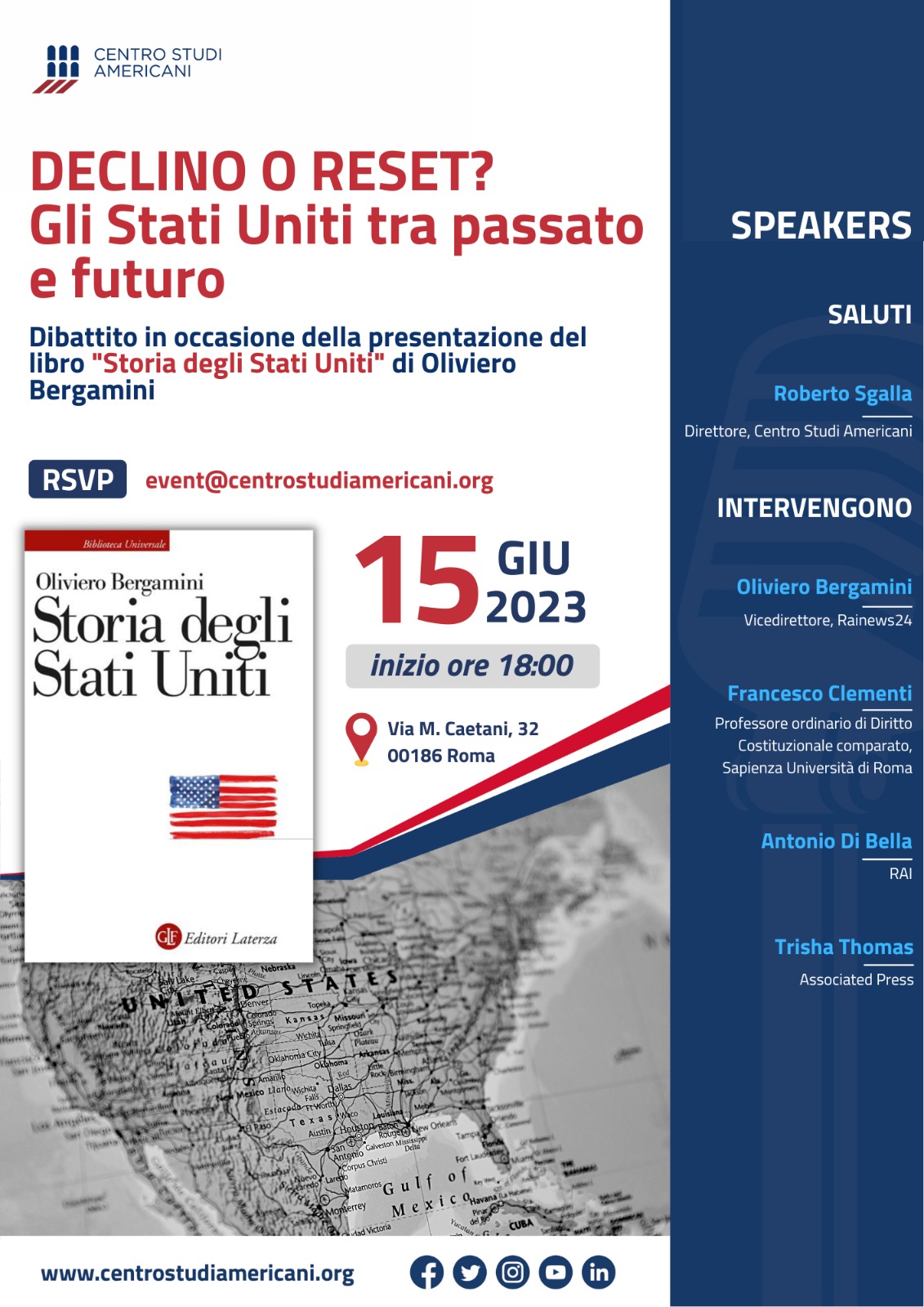 History of the United States.  The new edition of Oliviero Bergamini’s book.  Presentation on June 15 in Rome
