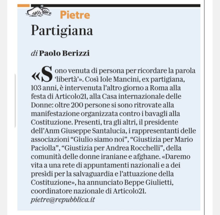 “Partigiana”. Paolo Berizzi su Repubblica racconta di Iole Mancini alla festa di Articolo21