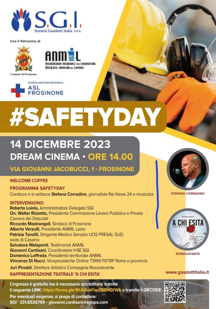 “Safety Day” dedicato alla sicurezza lavorativa. 14 dicembre, Frosinone. Presenta Stefano Corradino