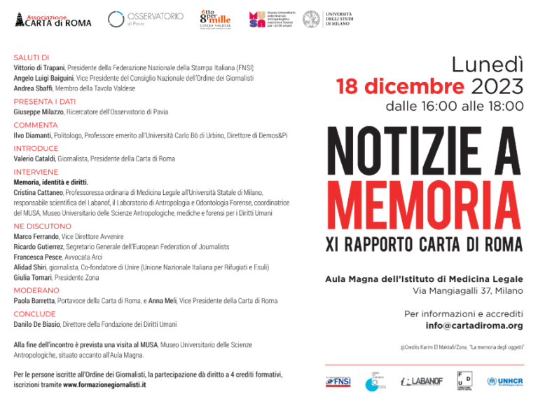XI rapporto Carta di Roma “Notizie a memoria”. Milano, 18 dicembre