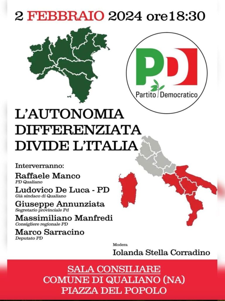 Autonomia differenziata. In provincia di Napoli il Pd dice no. Il 2 febbraio iniziativa a Qualiano