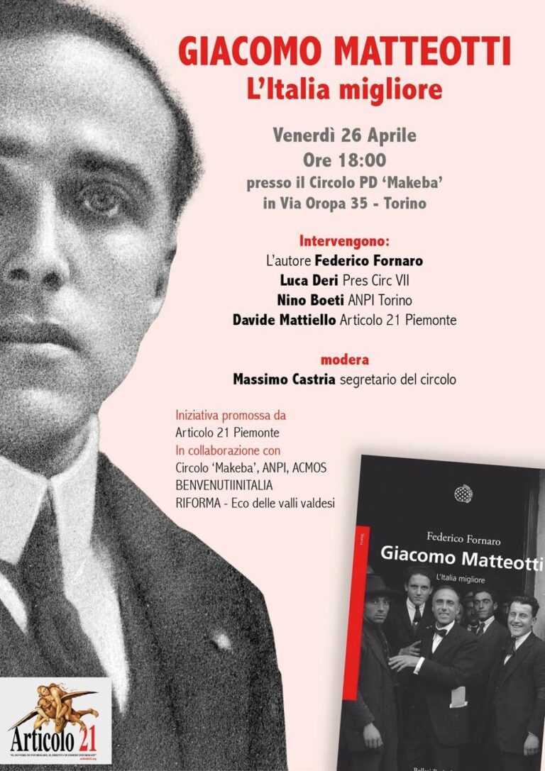Giacomo Matteotti e la sua storia attualissima. Se ne parla a Torino con Federico Fornaro il 26 aprile