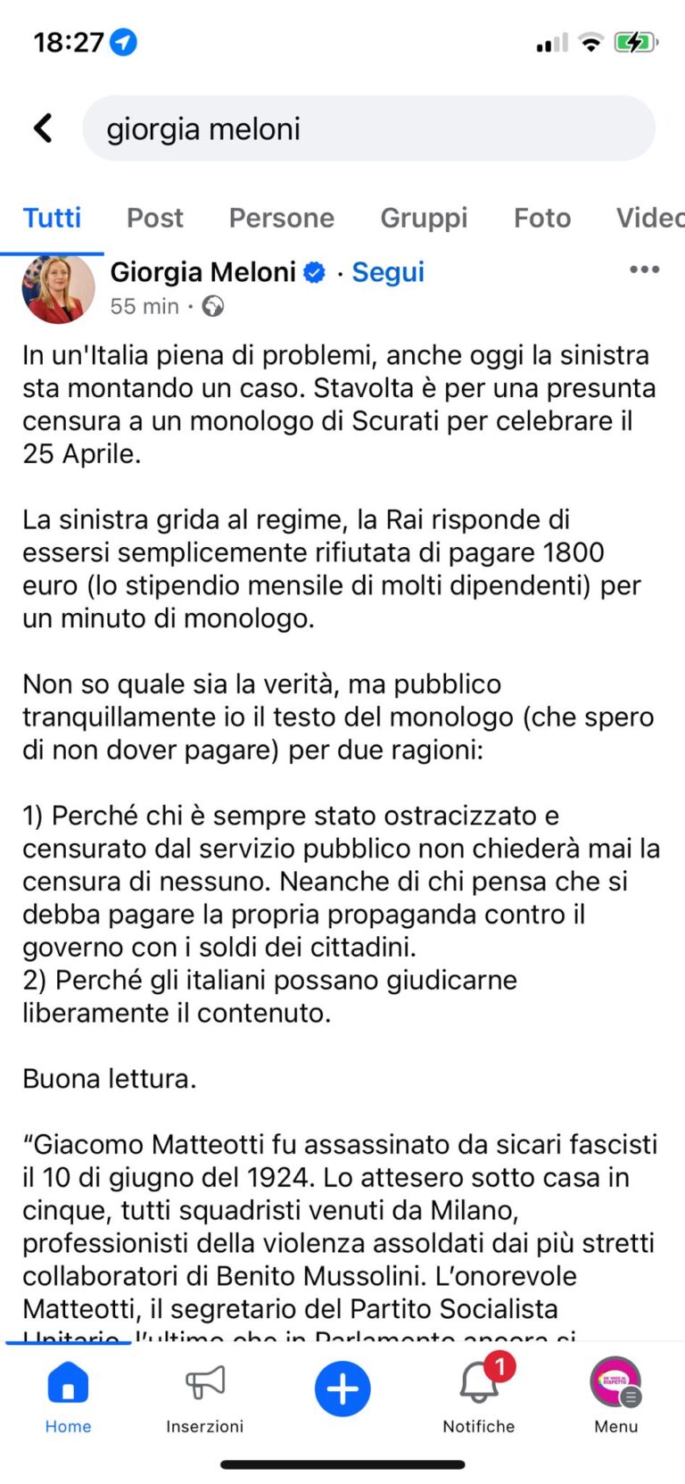 E Giorgia Meloni pubblica il testo del monologo per negare la censura