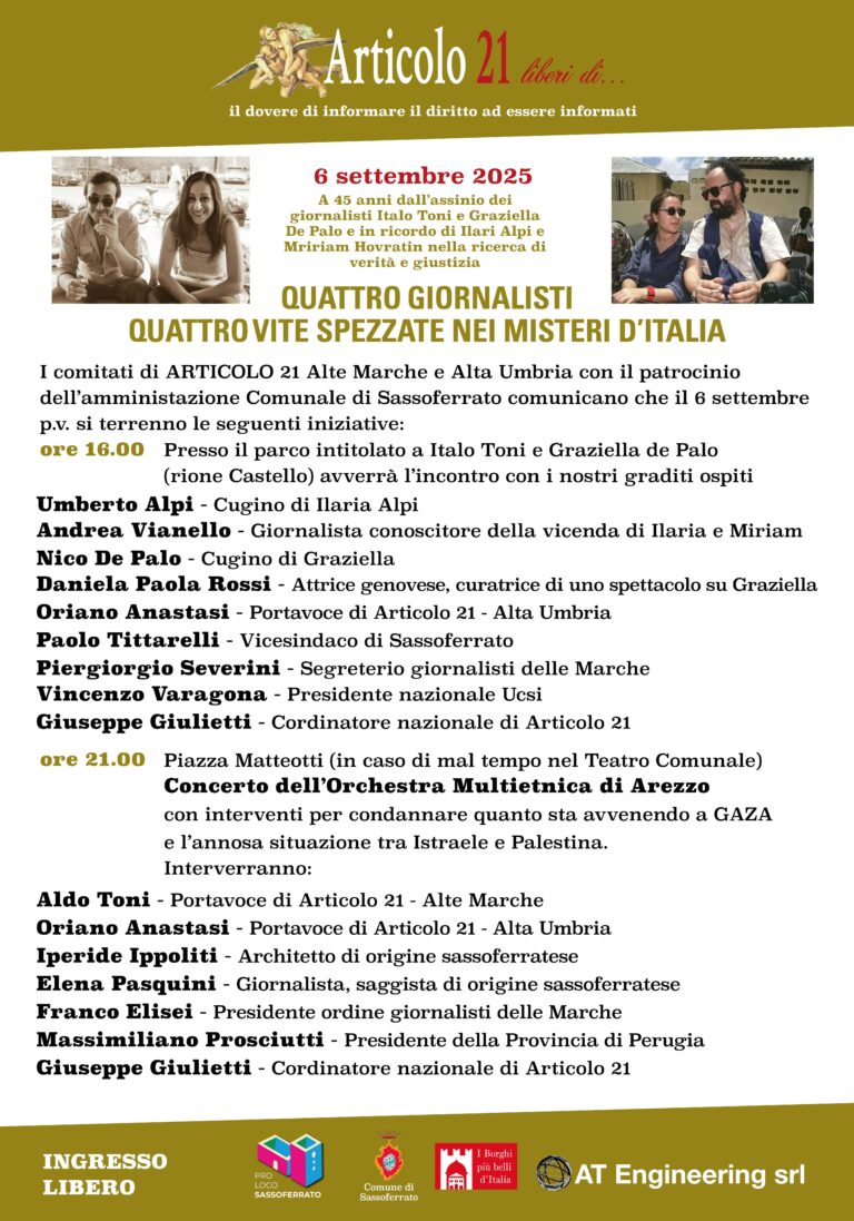 Iniziative Articolo21 Alte Marche su Gaza, uccisione Toni-De Palo e Alpi-Hrovatin