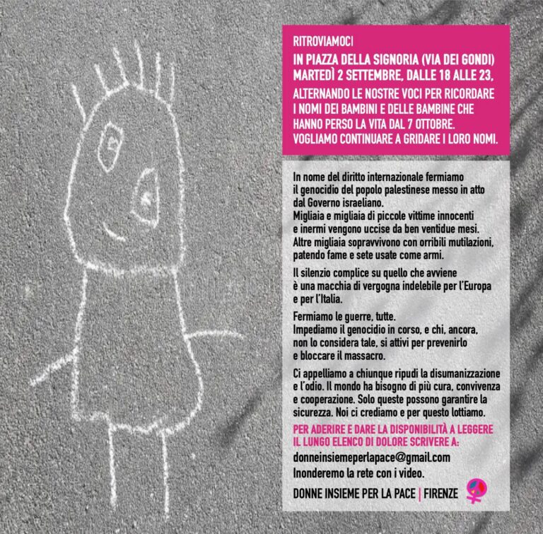 Donne Insieme per la Pace. Il 2 settembre a Firenze per chiedere la fine del genocidio contro il popolo palestinese