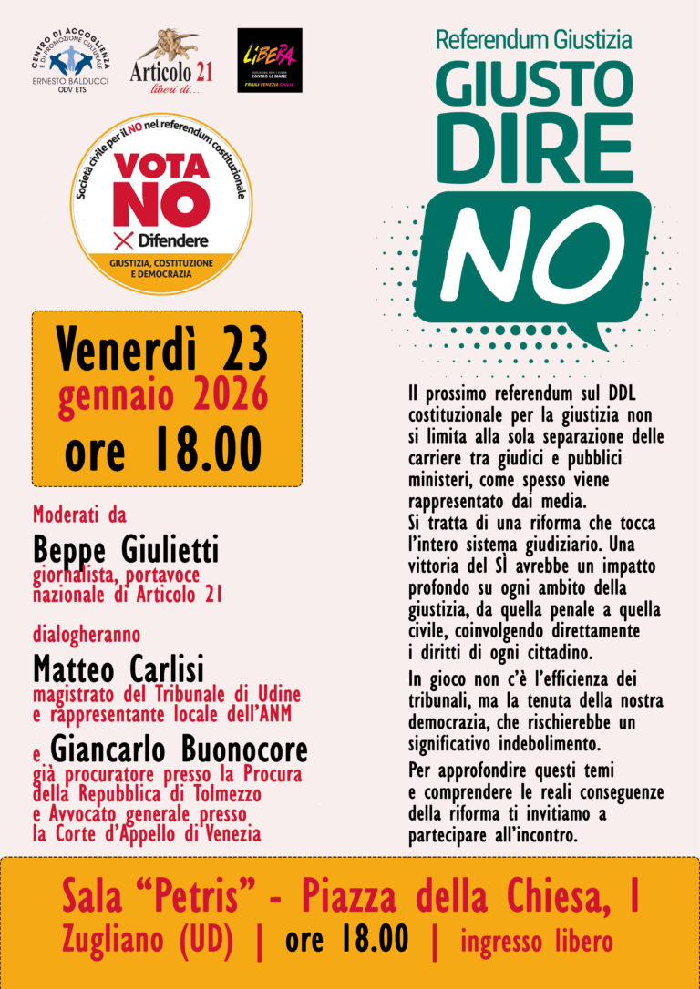 Referendum giustizia: giusto dire NO. 23 gennaio a Zugliano (Udine)