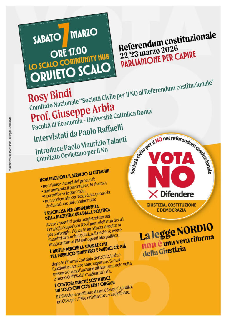 Referendum. Il 7 marzo a Orvieto Con Rosy Bindi e Giuseppe Arbia per dire NO alla legge Nordio