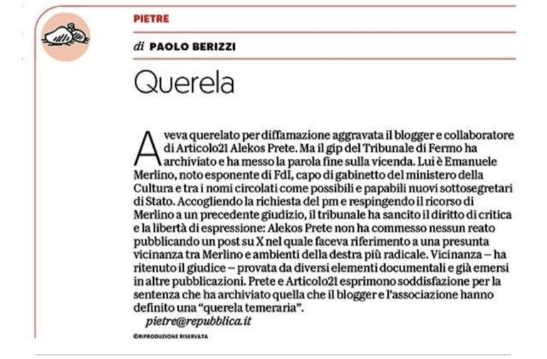 La querela infondata ad Alekos Prete