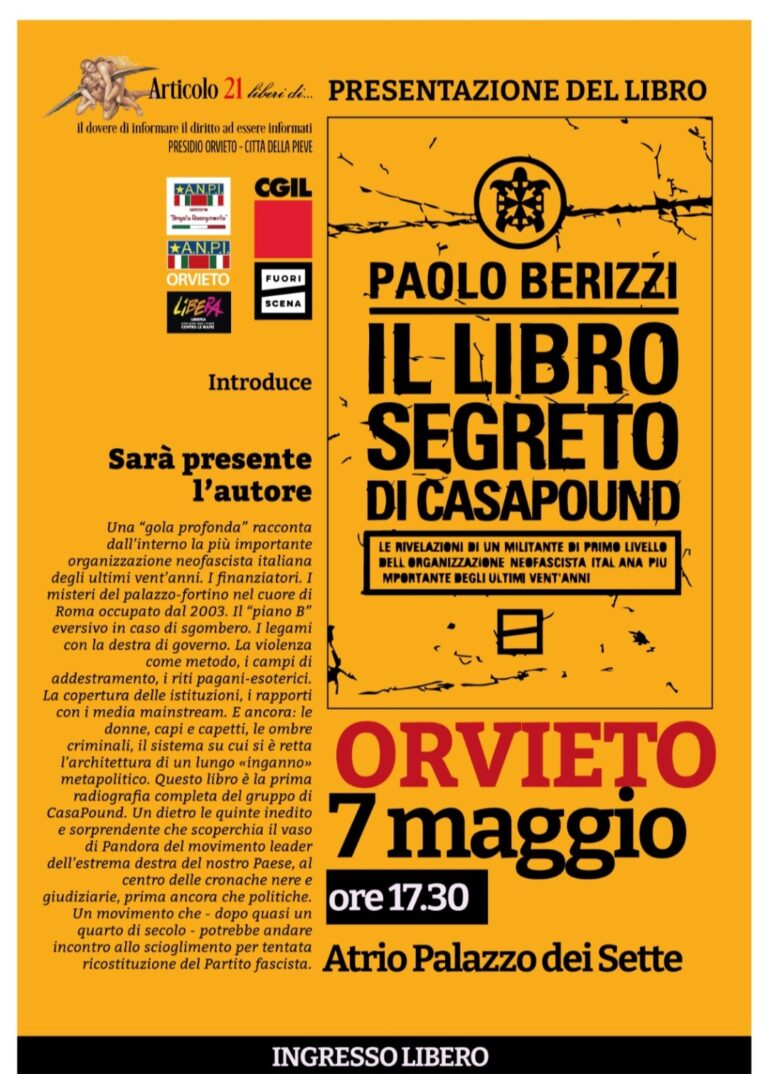 “Il libro segreto di CasaPound”. A Orvieto il 7 maggio la presentazione del libro di Paolo Berizzi