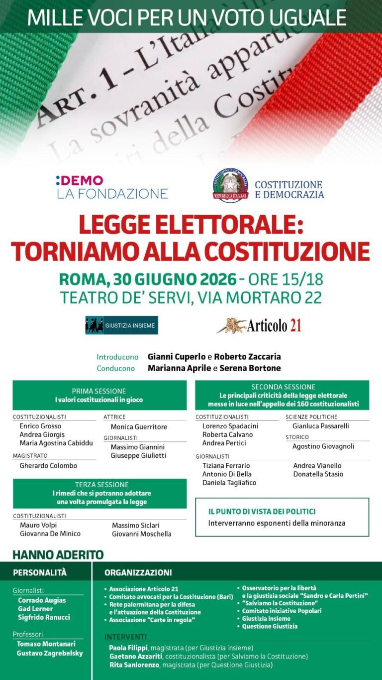 Riforma legge elettorale: il 30 giugno iniziativa pubblica a Roma