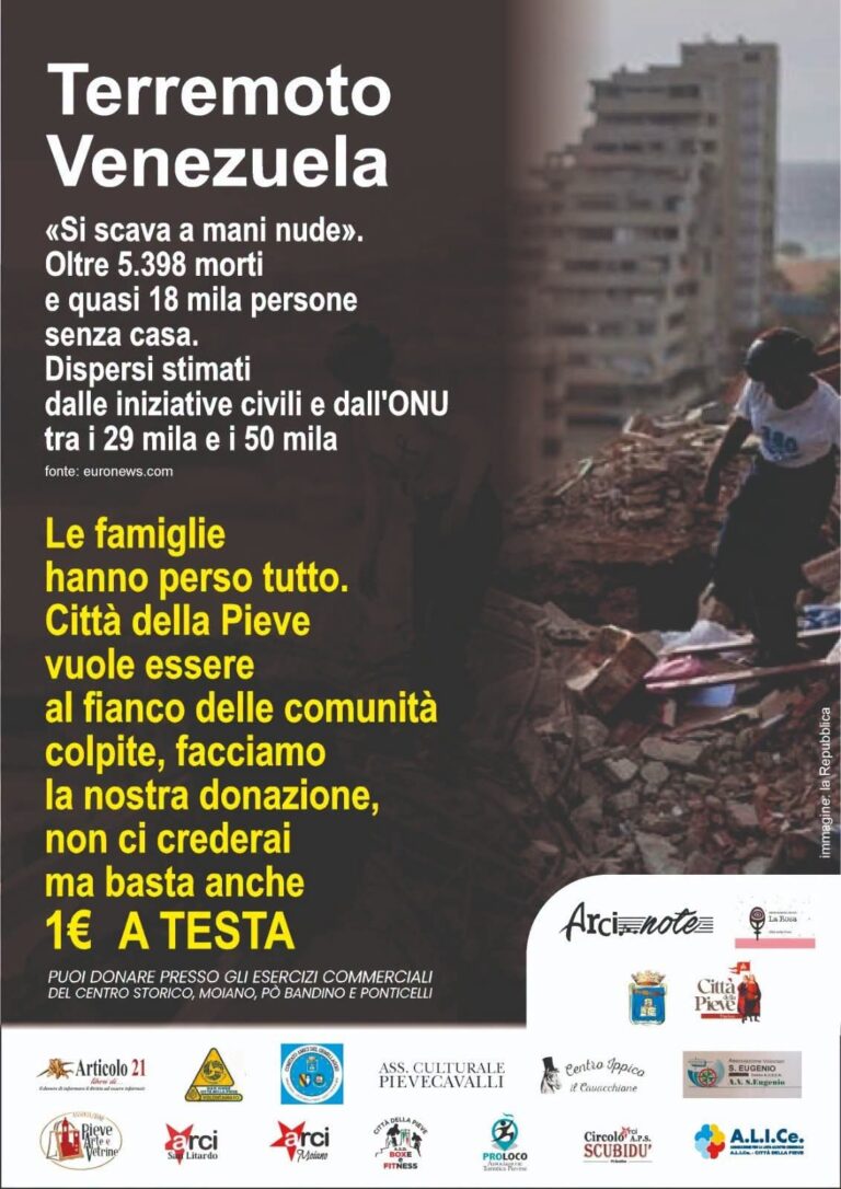 Città della Pieve si mobilita per il Venezuela colpito dal terremoto: al via la raccolta fondi. C’è anche Articolo21