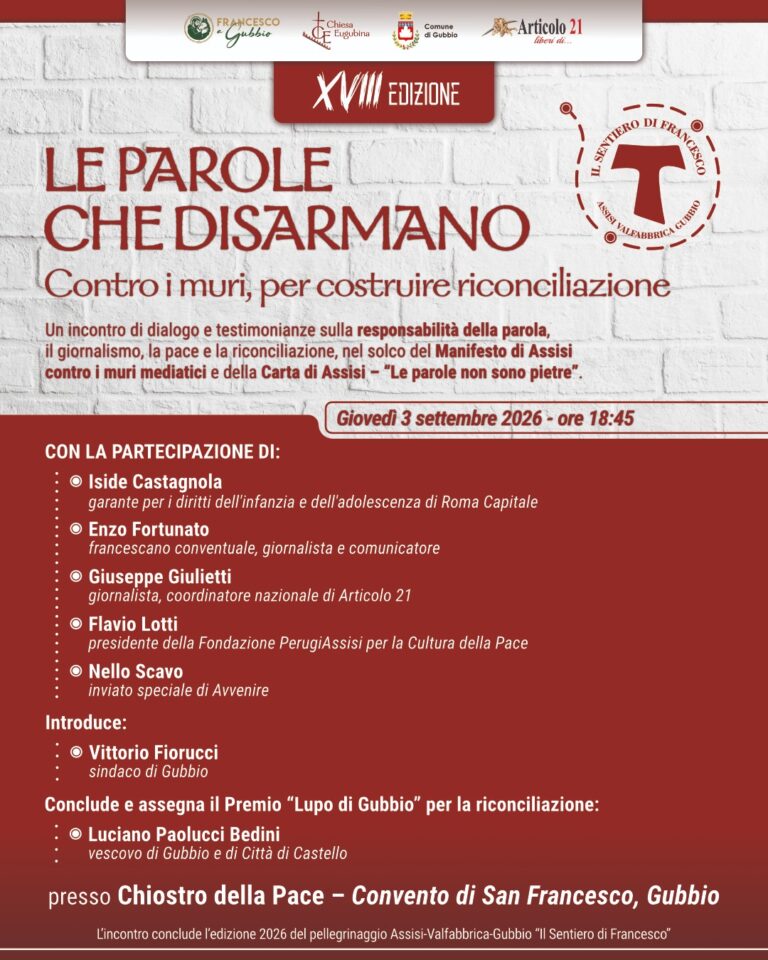 “Le parole che disarmano”, il 3 settembre a Gubbio il dialogo sulla comunicazione che costruisce pace
