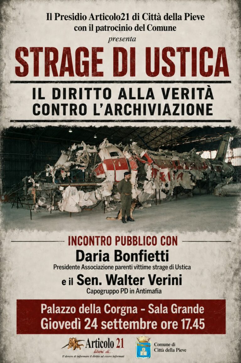 Strage di Ustica. “La verità non si può archiviare”. Il 24 settembre iniziativa Articolo21 a Città della Pieve