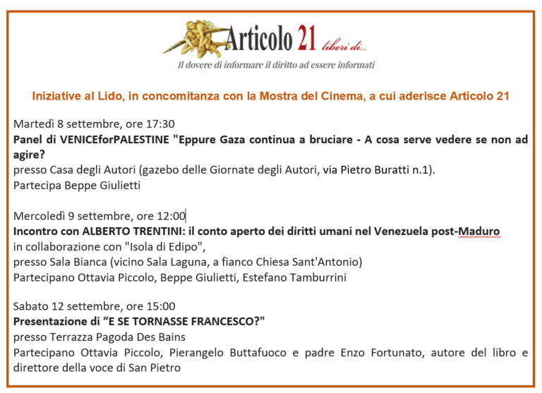 Lido di Venezia. Articolo21 alle iniziative in concomitanza con la Mostra del Cinema