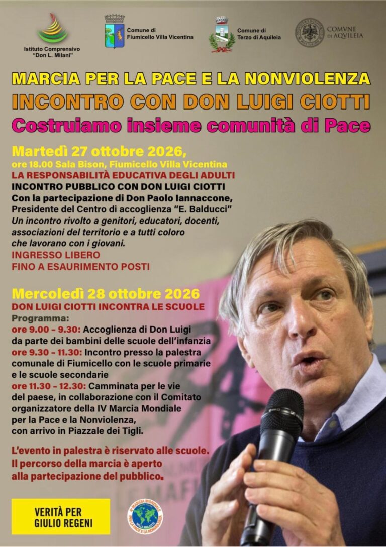 Don Luigi Ciotti a Fiumicello Villa Vicentina: due giorni per educare alla pace e alla legalità