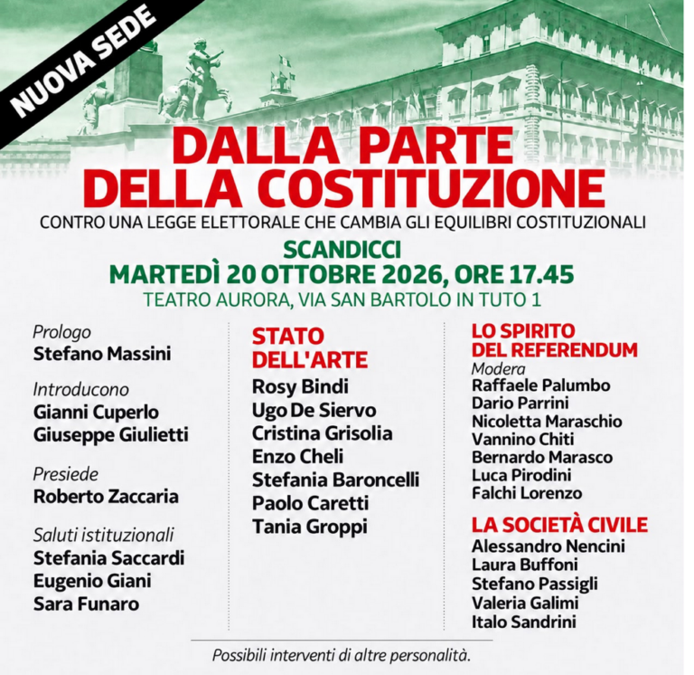 Il 20 ottobre a Scandicci iniziativa “Dalla parte della Costituzione” contro la legge elettorale