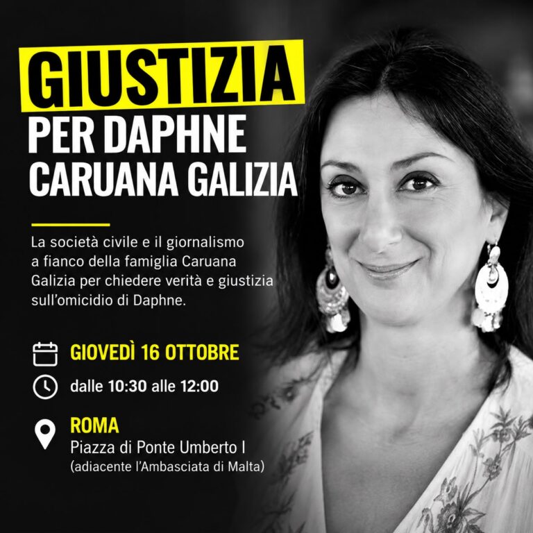 Presidio a Roma presso l’Ambasciata di Malta nel 9° anniversario dell’uccisione di Daphne Caruana Galizia
